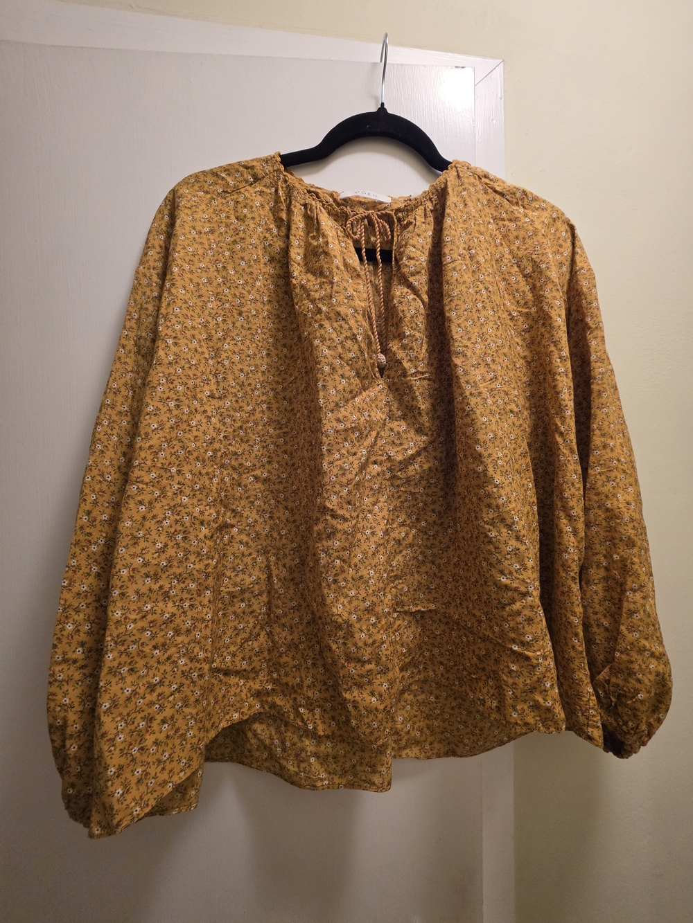 Doen Mustard Floral Tie-Neck Peasant Blouse